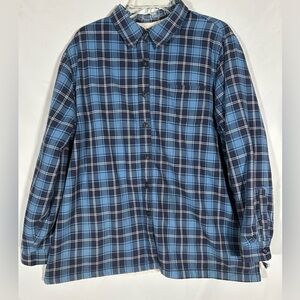 LL BEAN BLUE BLACK PLAID FLANNEL FLEECE LINED BUTTON DOWN JACKET COAT WOMENS XL